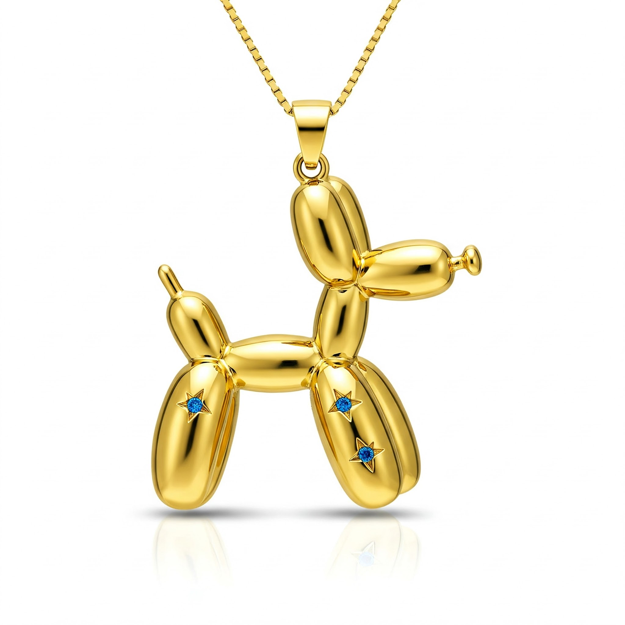 Gold Balloon Dog Pendant Necklace - Stainless Steel with Blue Star Gems